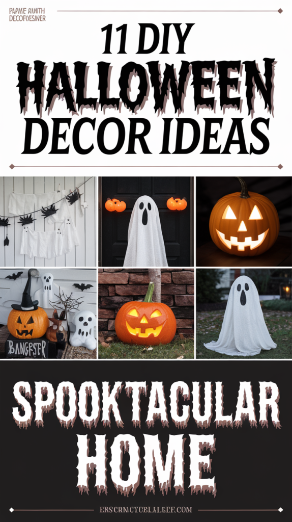 You are a DIY Halloween enthusiast and graphic designer. Describe the various spooky yet simple Halloween décor ideas, such as homemade ghosts, eerie lighting, and creepy yard displays. Emphasize the fun and easy-to-follow aspect of these ideas, perfect for transforming a home into a haunted space. Also, discuss the enscripted title text, ‘11 DIY Halloween Decor Ideas’ and ‘Spooktacular Home.’ Suggest font choices that match the Halloween theme: for example, use a playful, spooky font like 'Creepster' for ‘Halloween Decor Ideas’ to give it a haunted, fun vibe, and a bold, dramatic font like 'Bangers' for ‘Spooktacular Home’ to make it stand out with a spooky flair. Explain how these font choices combined with eerie Halloween imagery enhance the article’s festive appeal.