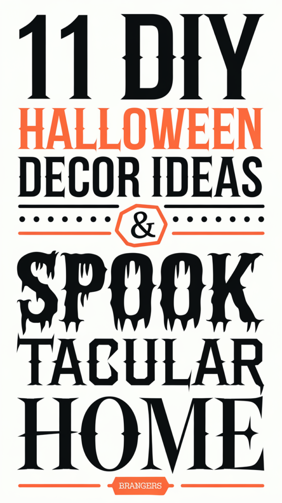 You are a DIY Halloween enthusiast and graphic designer. Describe the various spooky yet simple Halloween décor ideas, such as homemade ghosts, eerie lighting, and creepy yard displays. Emphasize the fun and easy-to-follow aspect of these ideas, perfect for transforming a home into a haunted space. Also, discuss the enscripted title text, ‘11 DIY Halloween Decor Ideas’ and ‘Spooktacular Home.’ Suggest font choices that match the Halloween theme: for example, use a playful, spooky font like 'Creepster' for ‘Halloween Decor Ideas’ to give it a haunted, fun vibe, and a bold, dramatic font like 'Bangers' for ‘Spooktacular Home’ to make it stand out with a spooky flair. Explain how these font choices combined with eerie Halloween imagery enhance the article’s festive appeal.